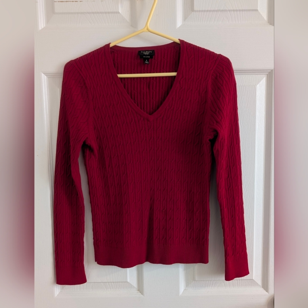 Talbots Petites Red Pima Cotton Cable Knit V-Neck Sweater Size P